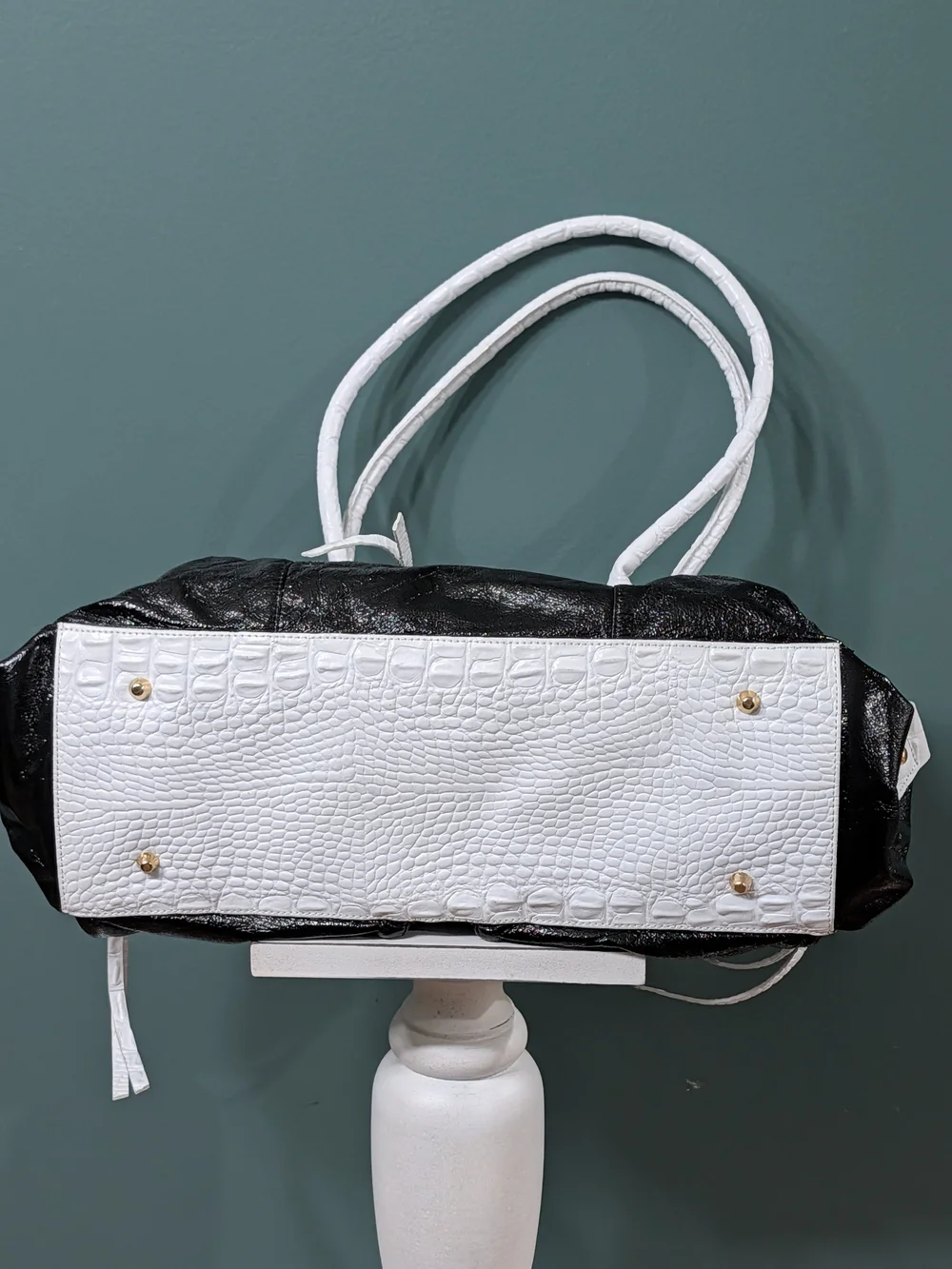 NWOT Sharif Studio Black Patent White Croc Leather Shoulder Bag + Accessory